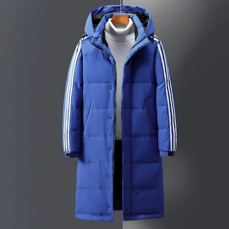 

Winter Mid Length Over Knee Down Coat Men's Casual Three Bar Down Coat Couple Hooded Warm Coat