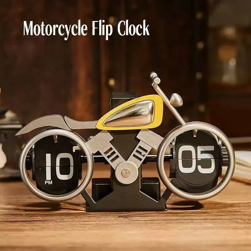 Flip Desk Clocks Vintage Motorcycle Shape Mechanical Automatic Flip Clocks Creative Tabletop Ornament Office Home Decoration