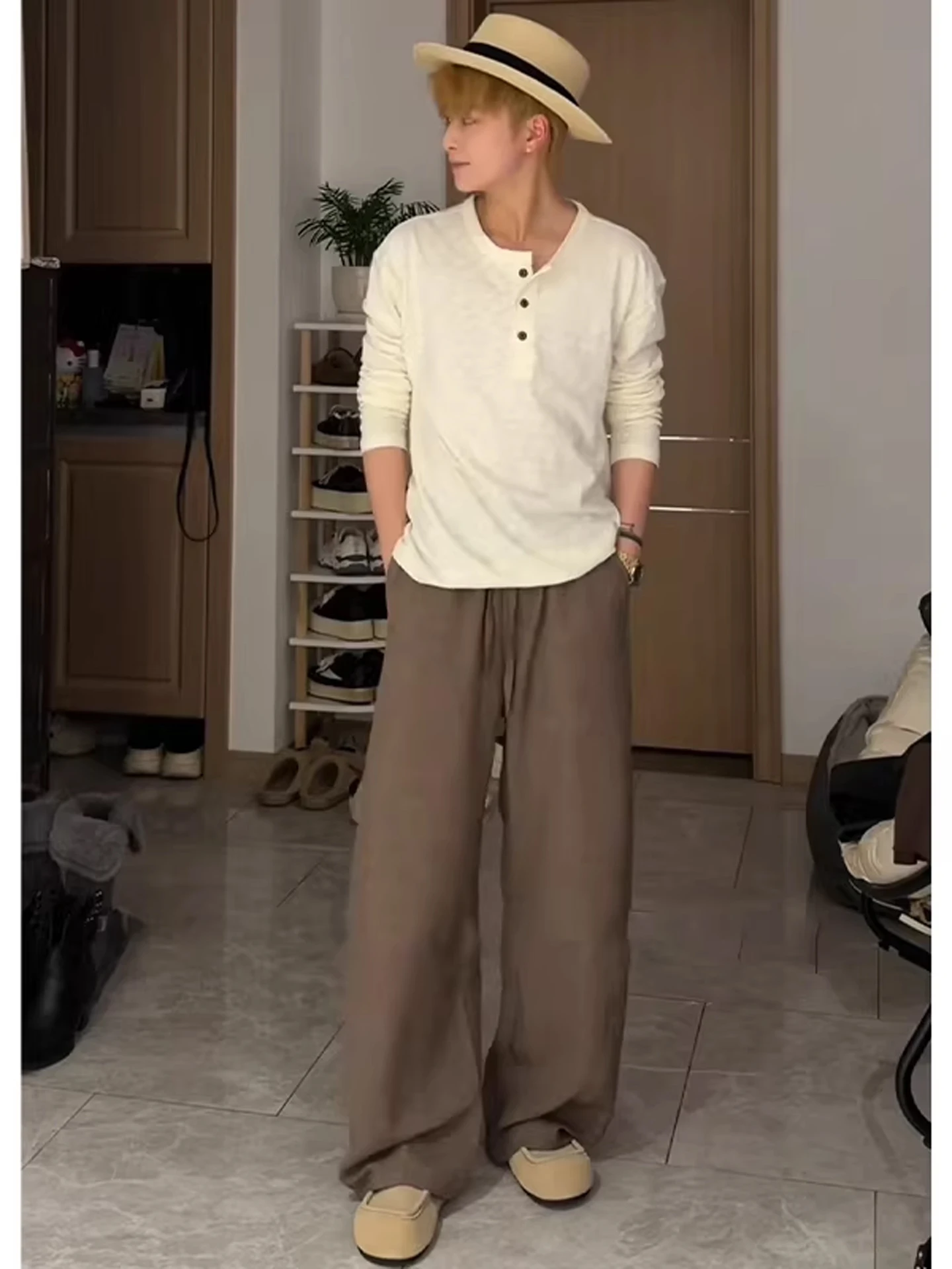 

Browny Beige Melamine Men's Summer Casual Pants Loose Wide Leg Thin Style Lazy Old Money Style Loose Fit Straight Leg Trousers