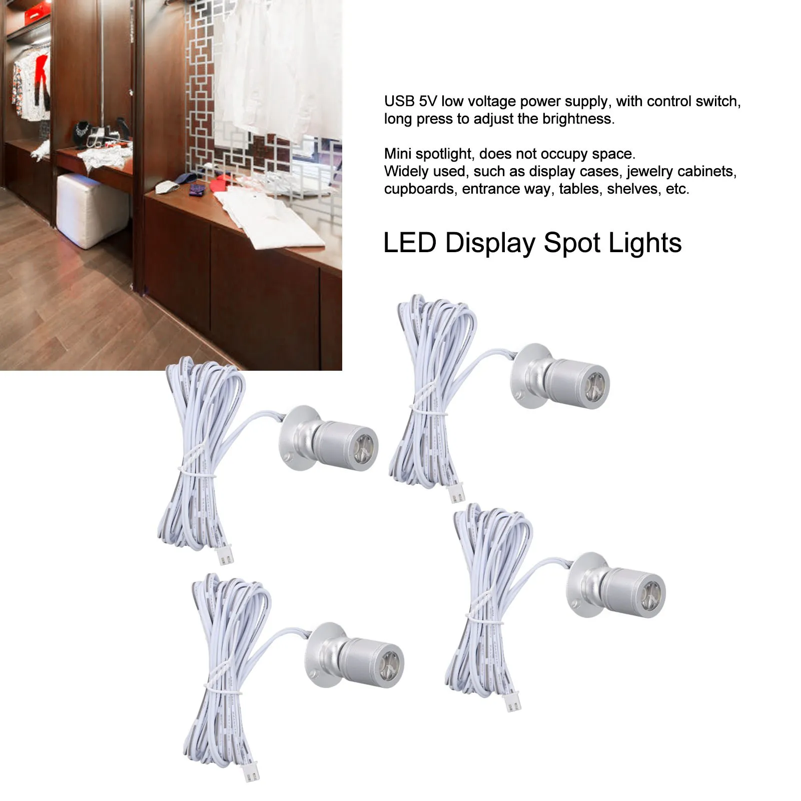 

ZK50 4pcs LED Display Spot Lights 5V Dimmable USB Mini Spotlight For Jewelry Showcase Porch Entryway Silver White Light