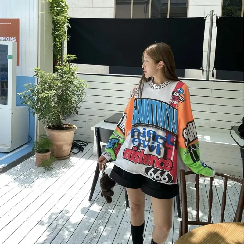 

Мужской гоночный костюм Saint of Michael 24SS с длинными рукавами для мотогонок, в стиле Y2K, ретро, байкерская куртка, хлопковая футболка