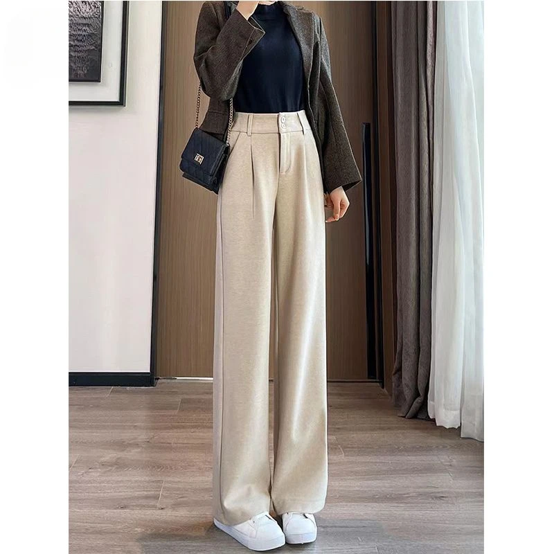 Women\'s Korean High-waisted Wide-legged Pants New Loose Straight Pants Fall Double-button Casual Suit Pants Female