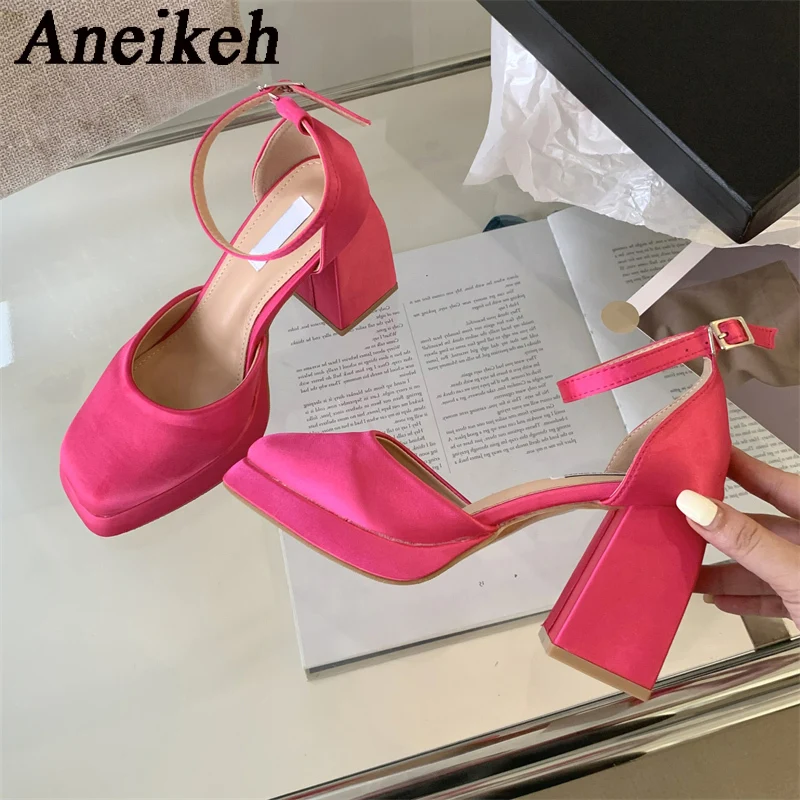 Aneikeh2024 Elegant Sexy Silk Mary Janes High Heels Women Platform Square Head Thick Heel Buckle Strap Single Shoe Wedding Dress