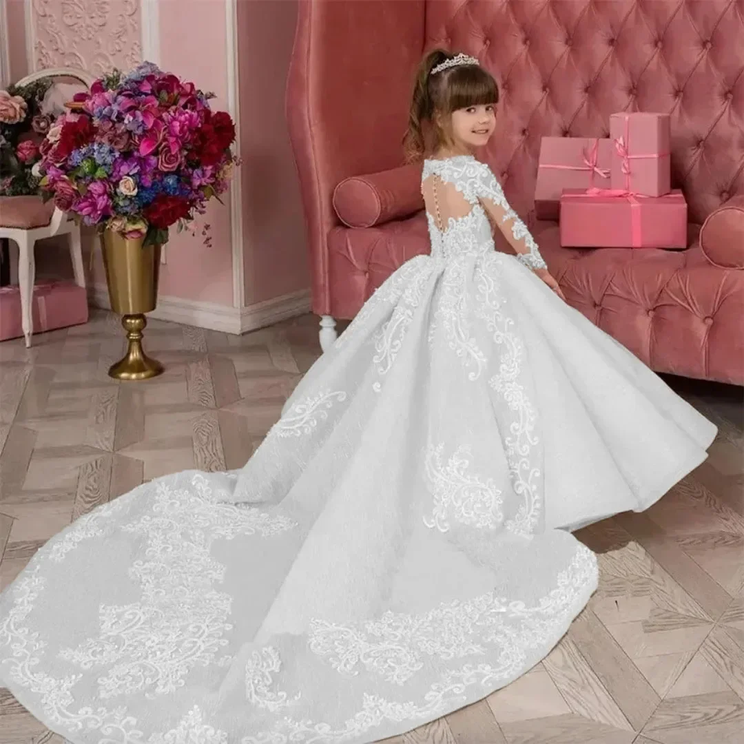 Custom Flower Girl Dress Wedding Gown Birthday Party Pageant Dress Long Sleeve Lace Embroidered Backless Train Ball Gown Prince