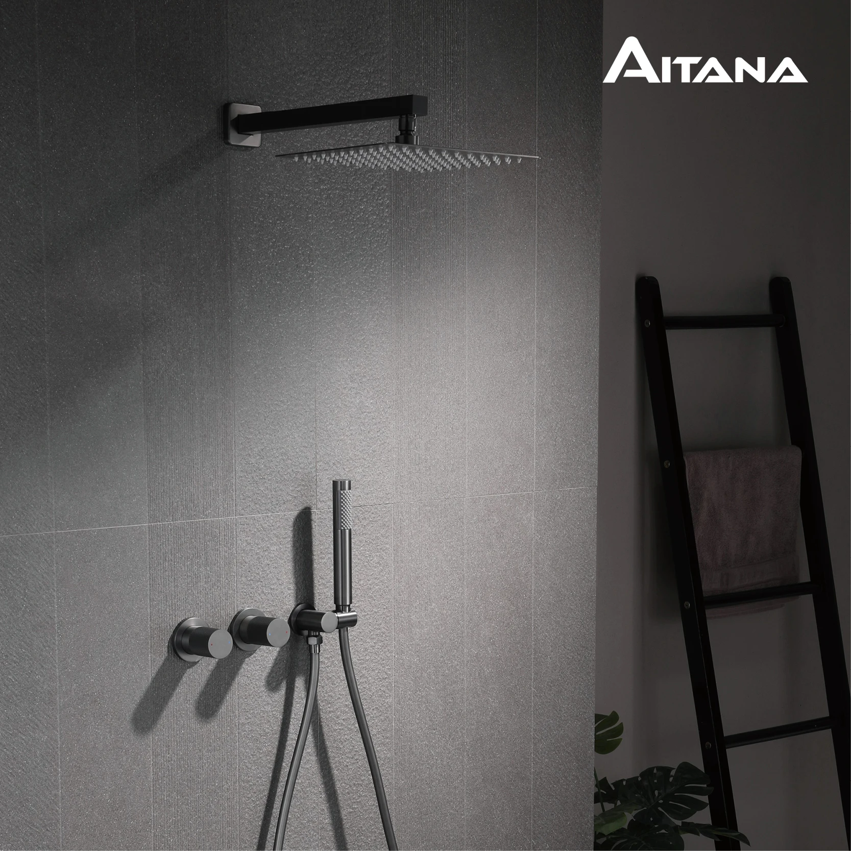 Luxury Bathroom Brass Gun Grey Wall-Mounted Shower System 2 Function Embedded Bath Mixer Tap Dual Spray Rainfall/Handheld