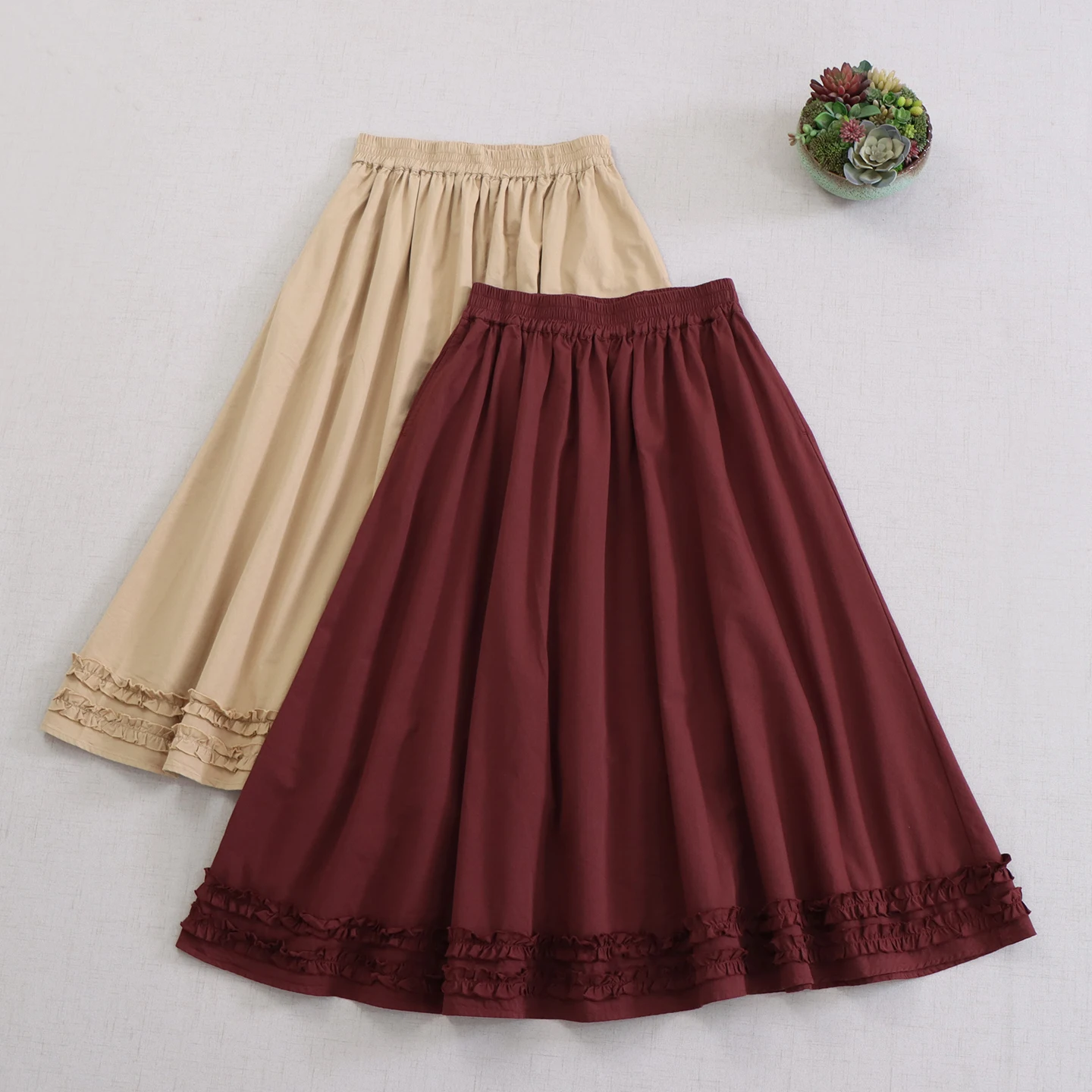 

Japanese Sweet Mori Girl Solid Color Folds Hem 100% Cotton Skirts Women Summer Elastic Waist Casual Loose Pleated Swing Skirts