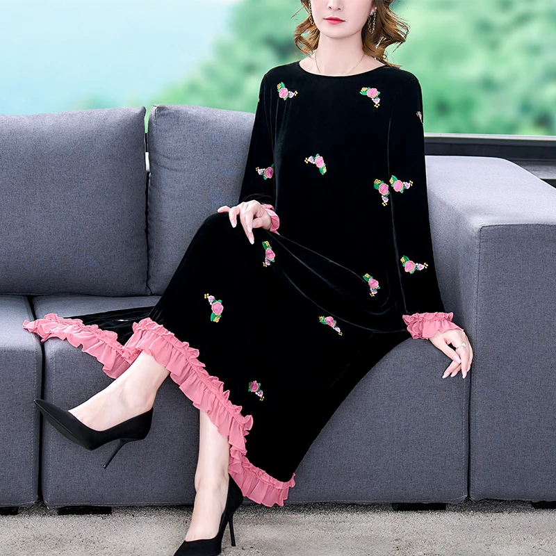 Women Autumn & Winter Elegant Velvet Dress Festa High Quality Long Cocktail Party Robe Embroidery Designer Loose Vestidos