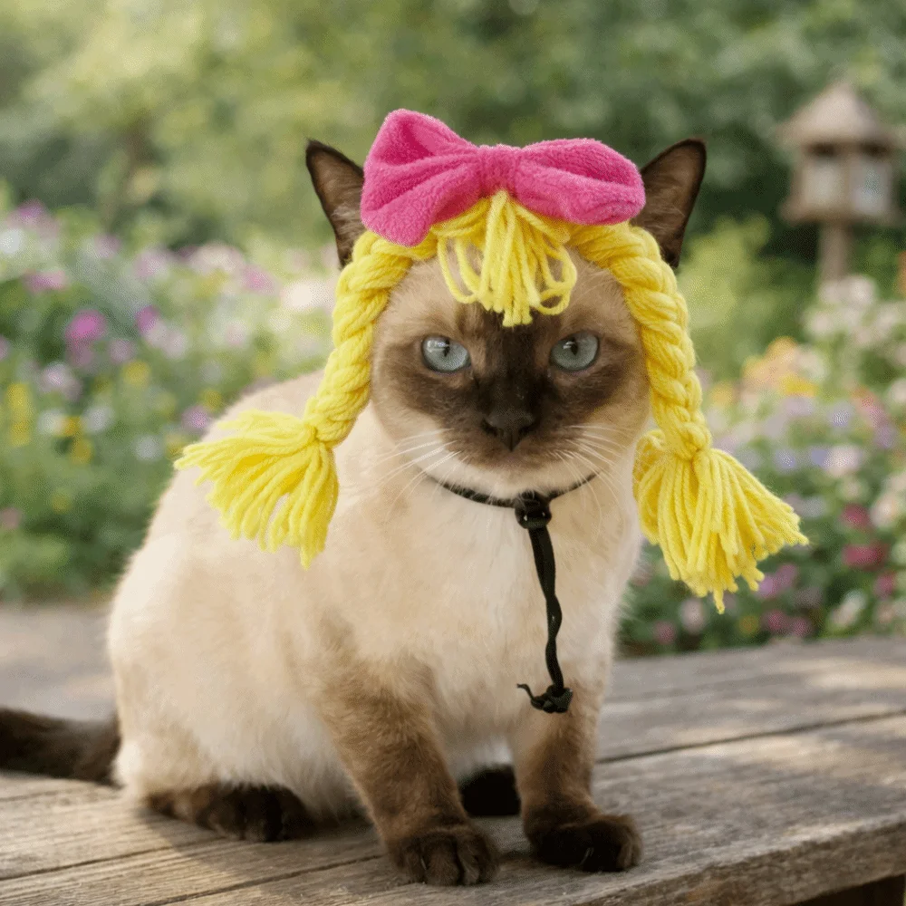 Adjustable Pet Wig Braid Bow Elastic Rope Cat Cosplay Headwear Decorative Double Braids Cat Funny Headpiece Pet Shows
