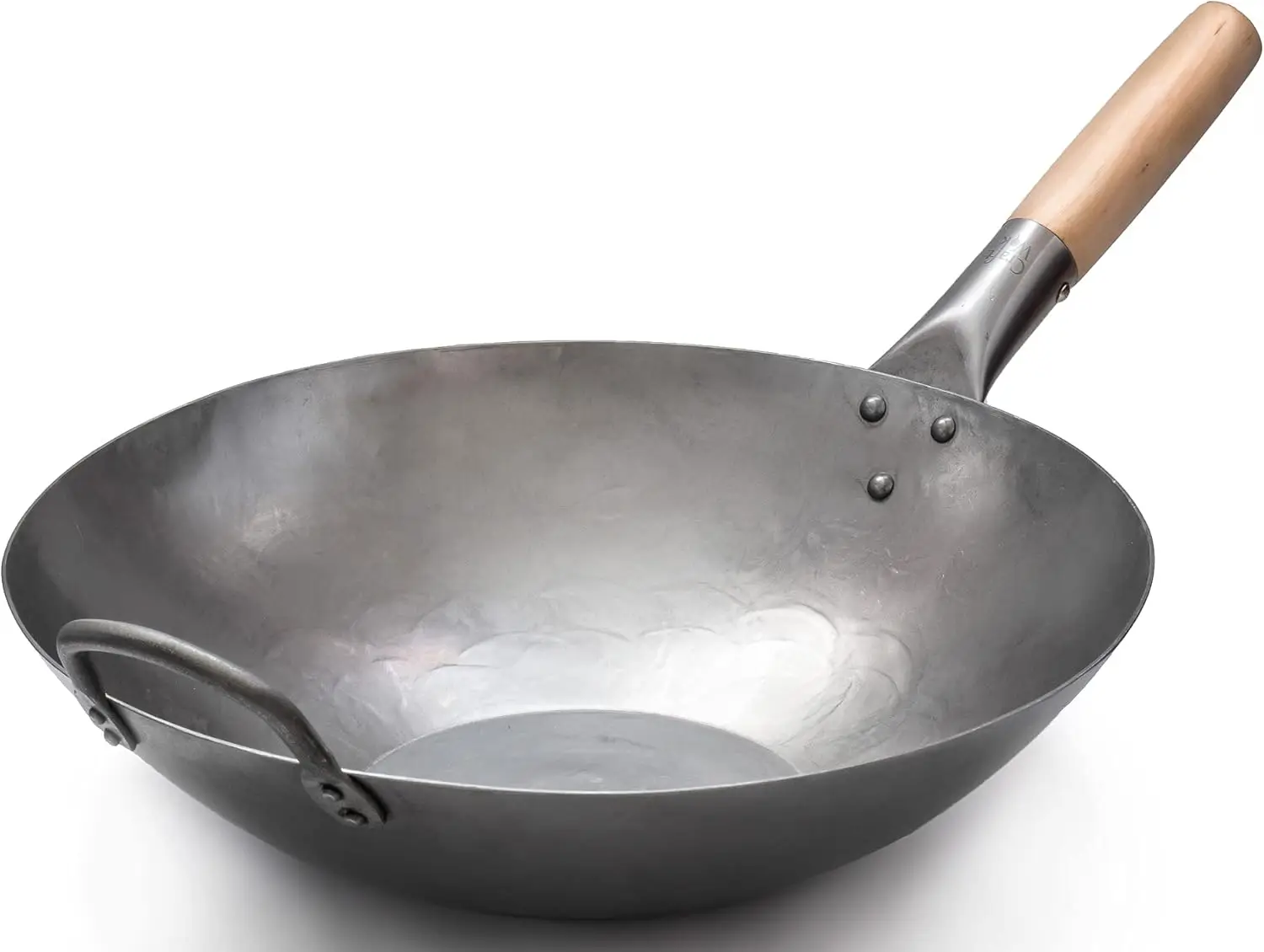

14 Inch Flat Bottom Carbon Steel Wok with Wooden Handle, Hand Hammered for Electric and Gas Stoves