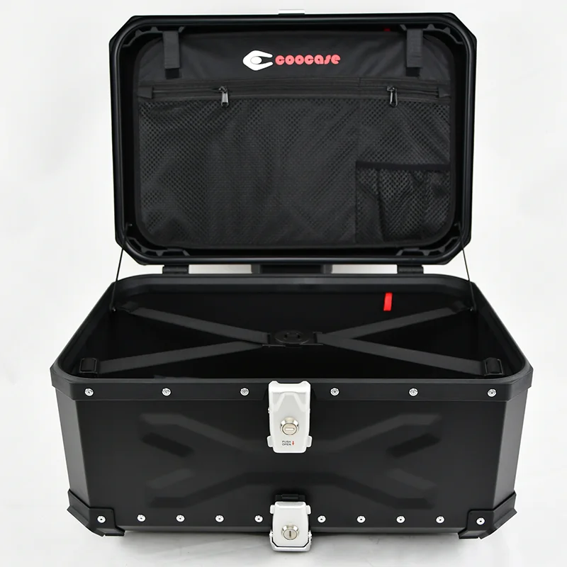 Coocase 65L أسود X تصميم دراجة نارية مربع خلفي سبائك الألومنيوم العلوي صندوق صلب علوي الناقل حالة دراجة نارية الملحقات
