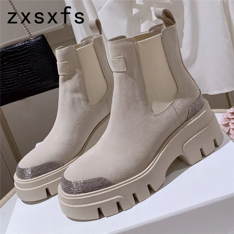 

Thick Bottom Platform Ankle Boots For Women Cow Suede Leather Designer Brand Motorcycle Boots Runway Slip On 2022 Botas Mujer