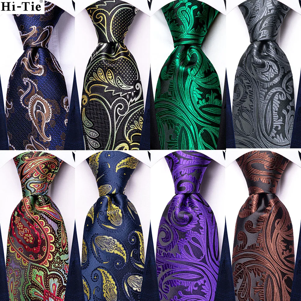 

Hi-Tie 2023 New Black Gold Paisley Mens Tie Hanky Cufflinks Silk Necktie For Men Wedding Party Business Fashion Brand Dropship