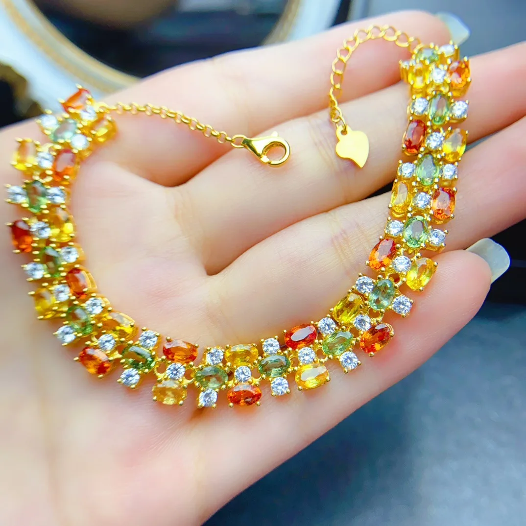 Natural Multicolor Sapphire Bracelet 3x5mm Oval Cut S925 Silver Gold Plated CZ Accent Luxury Rainbow Statement Tennis Bracelet