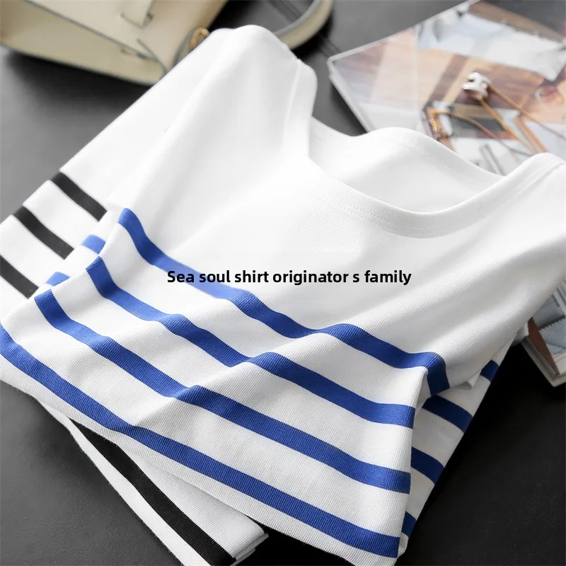 

Женская футболка в полоску Long Sve, темно-синий универсальный топ, корейский круглый топ Ne, повседневная одежда, смесь хлопка из полиэстера