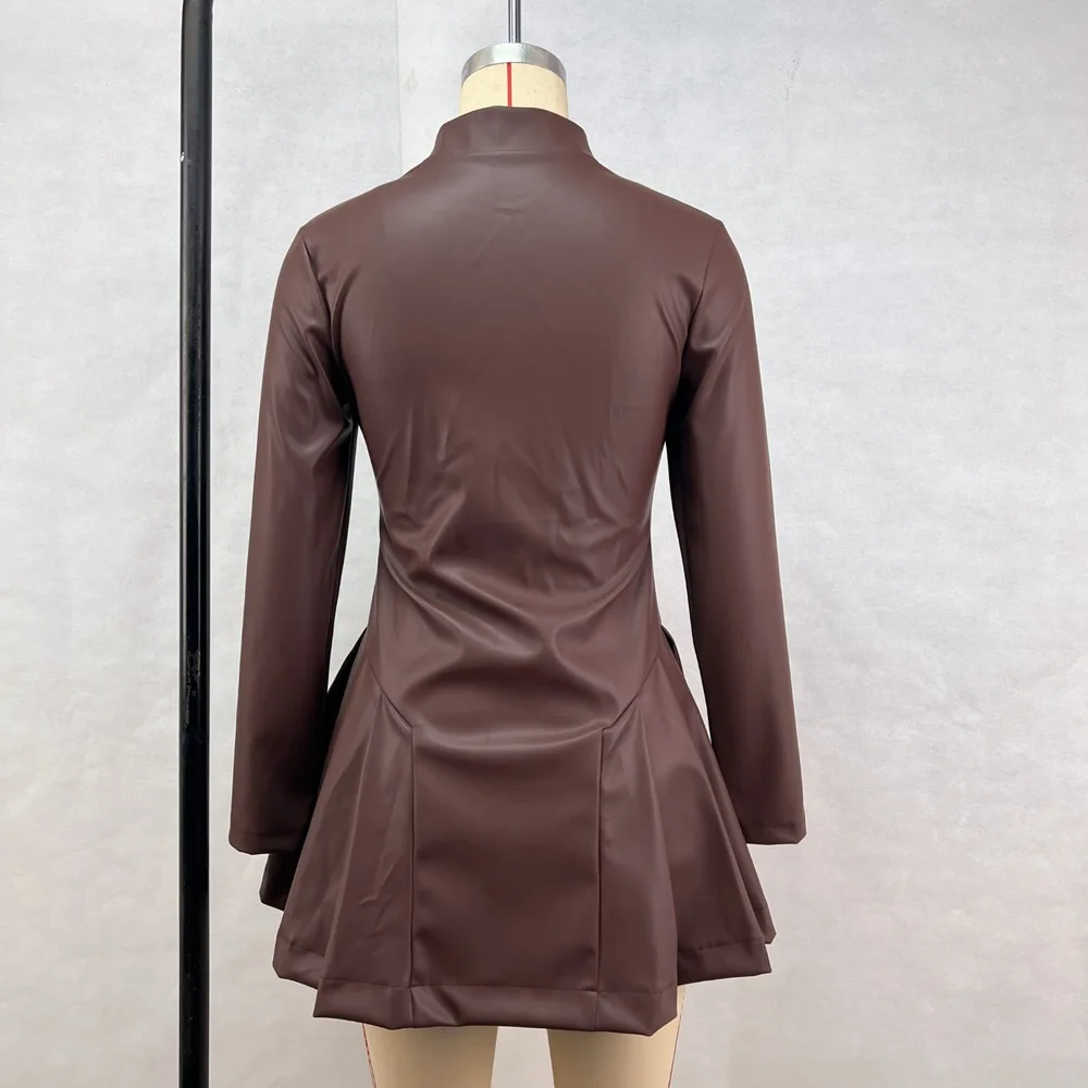 Zeyla-vestido de manga larga de cuero PU, cuello alto, cremallera frontal, dobladillo plisado, corte ajustado, informal, uso diario, trajes de fiesta a la moda