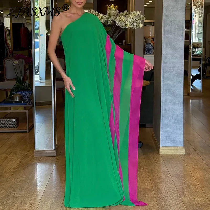 

Элегантное праздничное макси-платье в полоску с асимметричным воротником, свободное шифоновое длинное платье с рукавами «летучая мышь» для весенней вечеринки