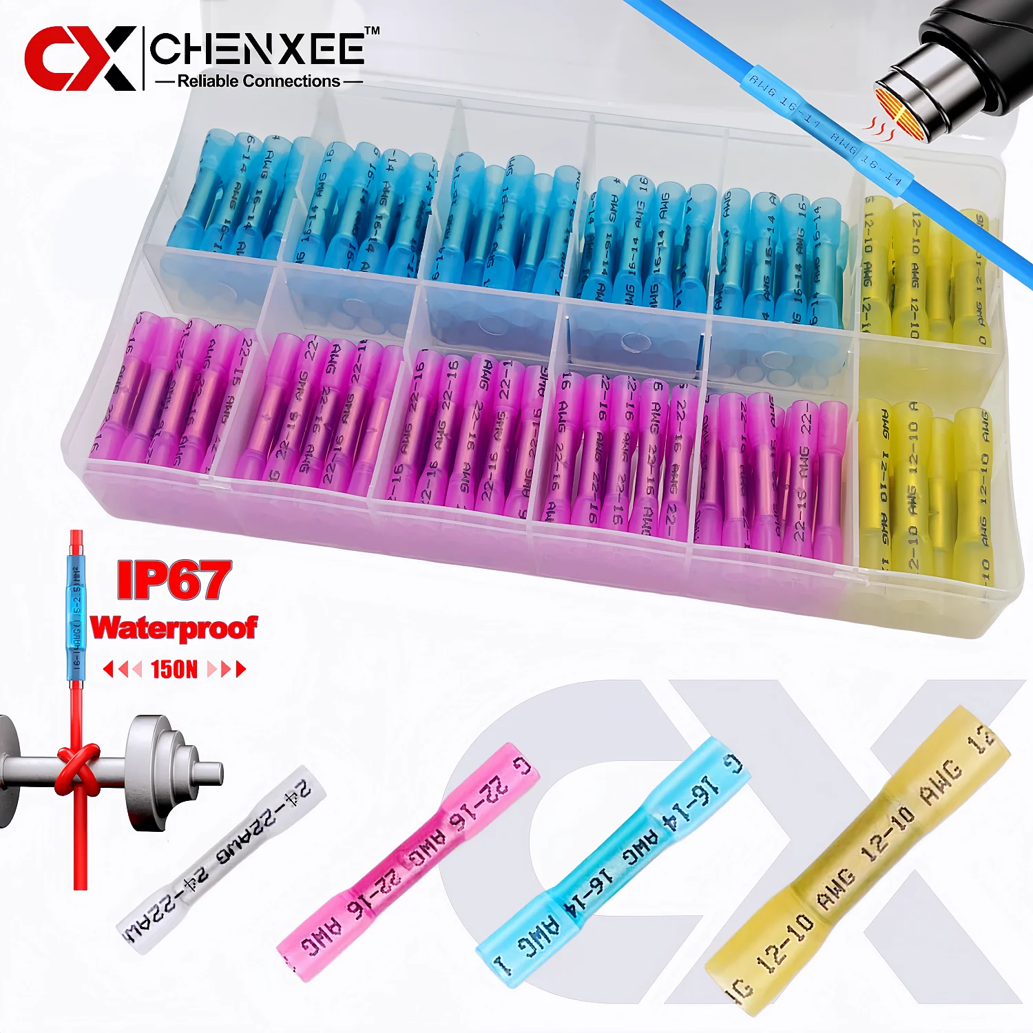 Heat Shrink Butt Connectors Kit, Butt Splice Set, Insulated IP67 Waterproof Electrical Marine Automotive Wire Crimp Terminals