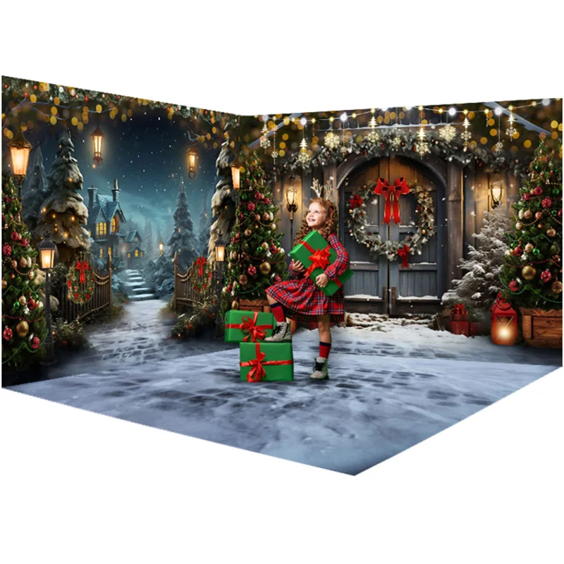 غرفة ثلاثية الأبعاد عيد الميلاد التصوير خلفية الشتاء كاتدرائية ثلجية باب خشبي عطلة الاطفال الأسرة صورة خلفية شجرة عيد الميلاد ديكور