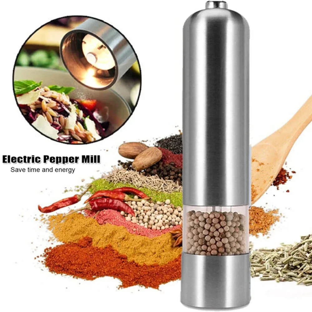 

Stainless Steel Electric Automatic Salt Pepper Spice Grinder Mill Adjustable Coarseness Battery Operated with LED Light