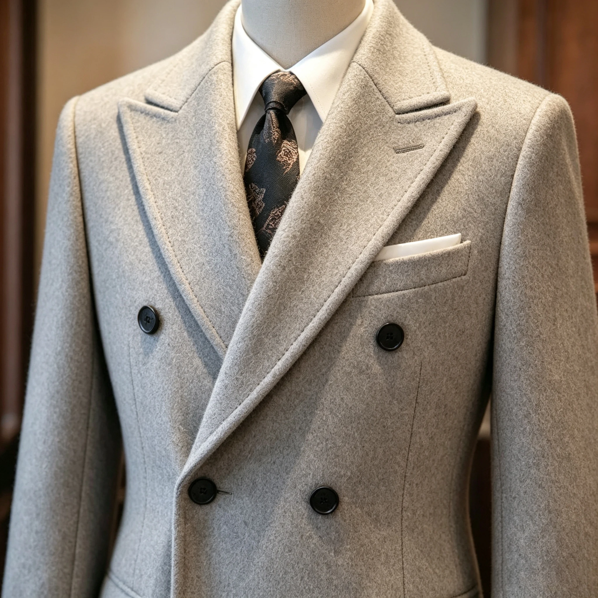 Elegant Men Wool Blend Coat Peaked Lapel Double Breasted Slim Fit Winter Daily Overcoat Mid Length Business Outerwear Custom