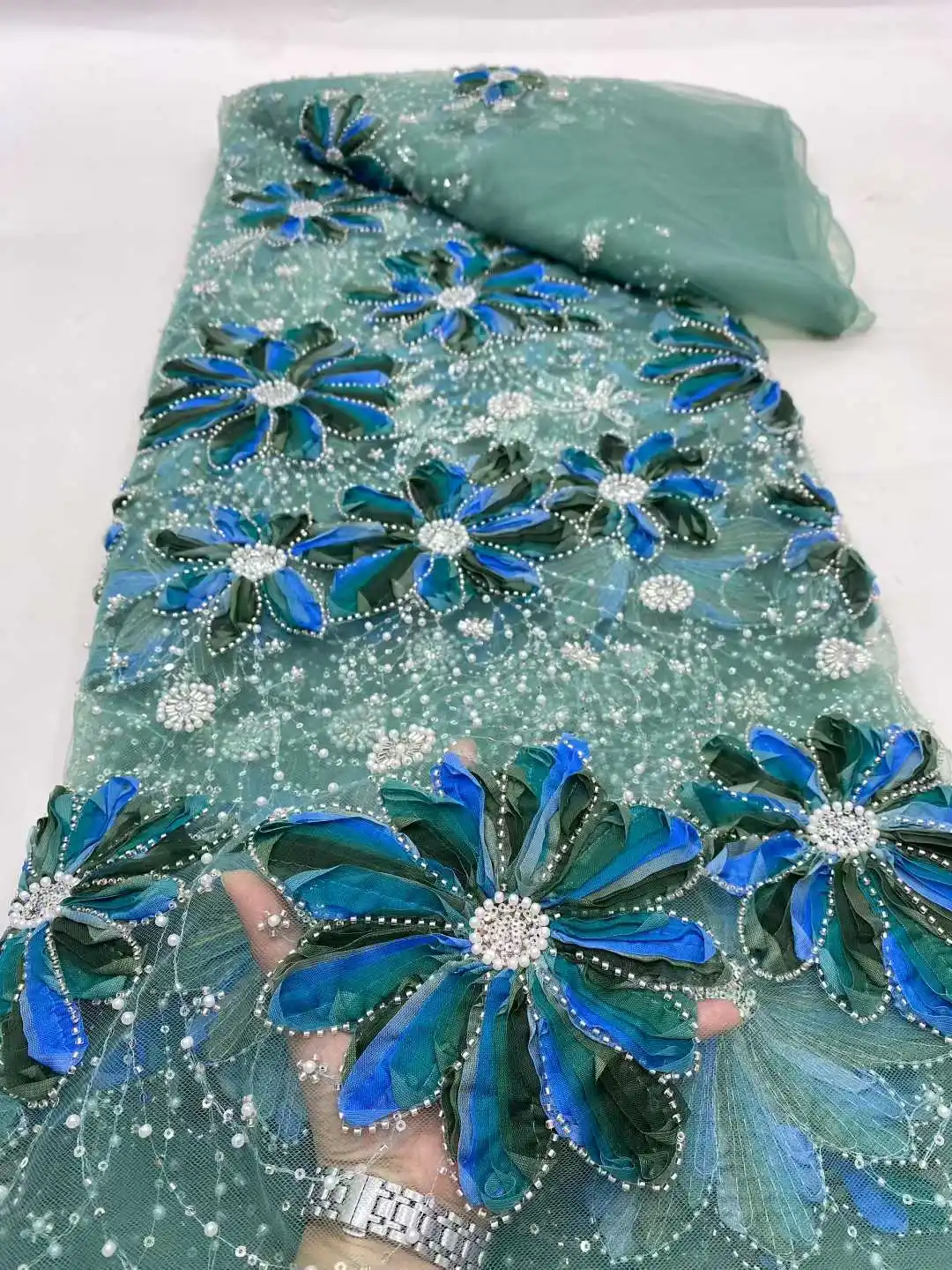 Franse Afrikaanse 3D Kant Stof 2025, Met Kralen Hoge Kwaliteit Borduren Voor Vrouwen Trouwjurk Nigeriaanse Kant Mesh Stof 5 Yards