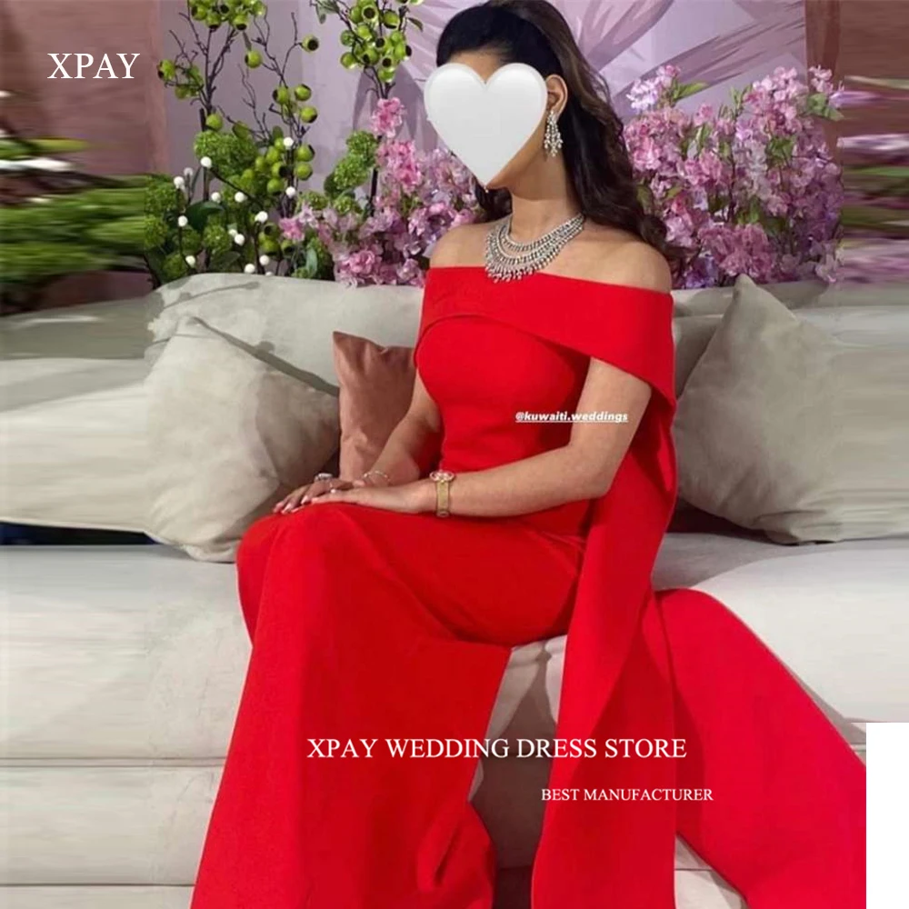 

XPAY Off Shoulder Red Saudi Arabic Women Evening Dressess Wedding Party Stretch Satin Side Split Prom Gowns Vestidos de fiesta