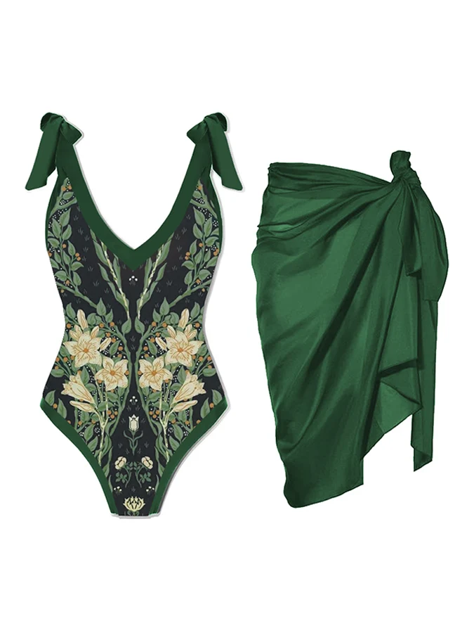 2023 Spring  And  Summer New Dark Green Vintage  Floral  Print Deep V Lace-up  All-in-one Swimsuit And Cover Up