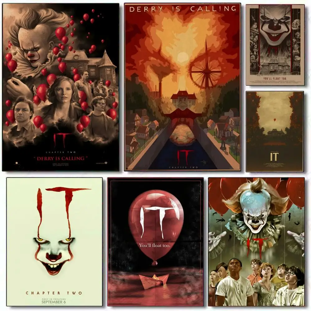 I-It P-Pennywise Clown Vintage Poster HD PVC selbstklebende Wandkunst – wasserfest, wiederverwendbar für Zuhause, Büro, Café