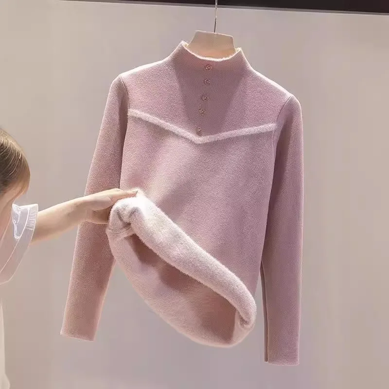 

Women's 2025 Autumn Winter New Style Chic Anti-Aging Fleece-Lined Long Sleeve Half High Neck Knitted Base Shirt