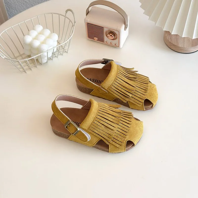 

2026 Summer New Girls' Sandals Frosted Leather Hollow Sandals Comfortable Baby Girl Shoes Korean Style Tassel Princess Shoes