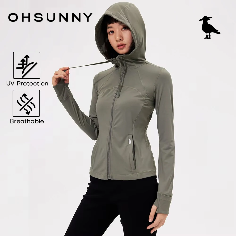 

OHSUNNY Slim Fit толстовки на молнии, женские дышащие спортивные куртки сзади, карман на молнии, уличная походная куртка для бега UPF50 +