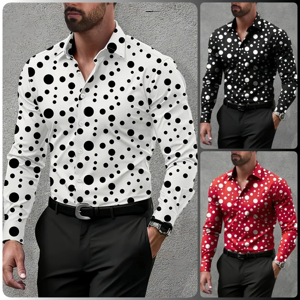 

2025 Fashion Men's Shirts Elegant Mens Shirts Spotted 3D Printed Lapel Button Up Classic Long Sleeve Shirt Men's Clothing