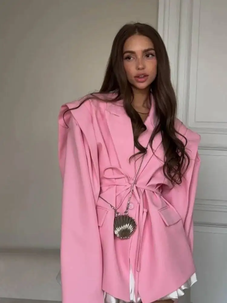 Street Lace Up Women's Blazer Yellow Button Long Sleeve Lapel Button Suit Jacket Spring Lady Loose Casual Outwear