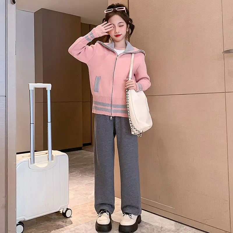 Girls New Autumn Clothing Sets Knitted Cardigan Sweater Top + Sport Pants 2PCS Fashion Kids Spring Outfits 4 6 8 10 11 12 Years