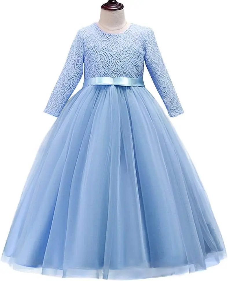 

Flower Girl Lace Wedding Junior Bridesmaid Dress 3/4 Sleeve Floor Style,Princess Birthday Party Ball Evening Gown,Communion Gown