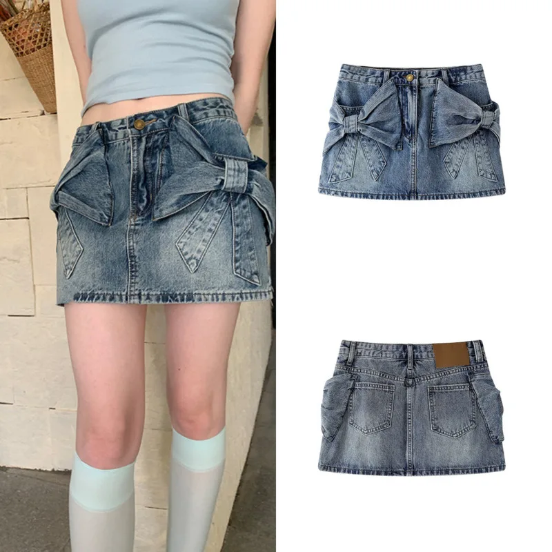 

Bow Denim Short Skirt Women American Retro Blue Distressed High Waisted A-line High Street Fashion Washed Pocket Half Skirt New