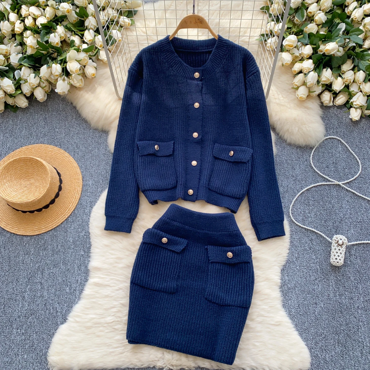 Ladies Knitted Two Pieces Suits Long Sleeves Cardigan Sweater+High Waist Mini Skirt Female Warm Autumn Winter Sweater Knit Set