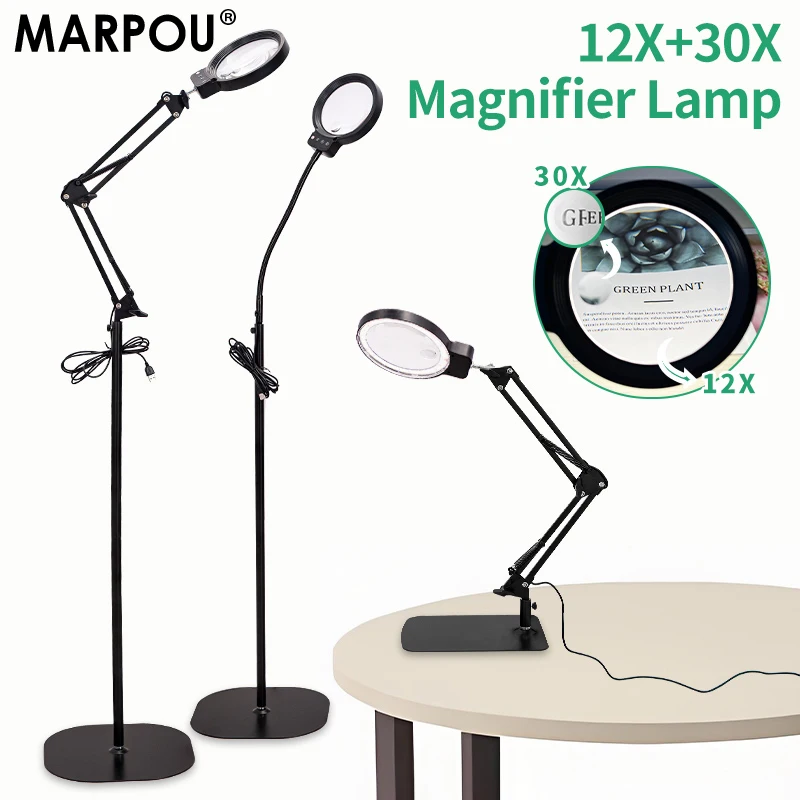 MARPOU Magnifying Glass with LED Lamp 12X/30X NEW Illuminated Magnifier 3 Colors Dimmable USB Foldable LED Light  for Make Craft