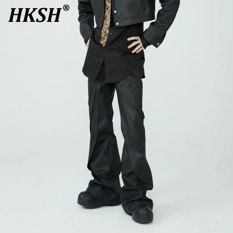 

HKSH Spring New Men's Punk Jeans Chic Coating Slim Versatile Waxed Face Heavy Wave Gothic Leaf Casual Black Denim Pants HK0851