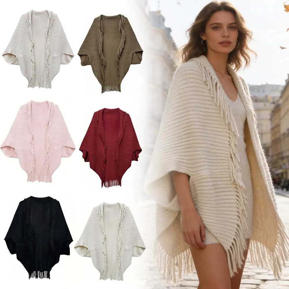 

Outfit Accessory Fringe Women's Shawl V-neck Mid-Length Knit Shawl Soft Loose Fit Cardigan Cape Spring Autumn