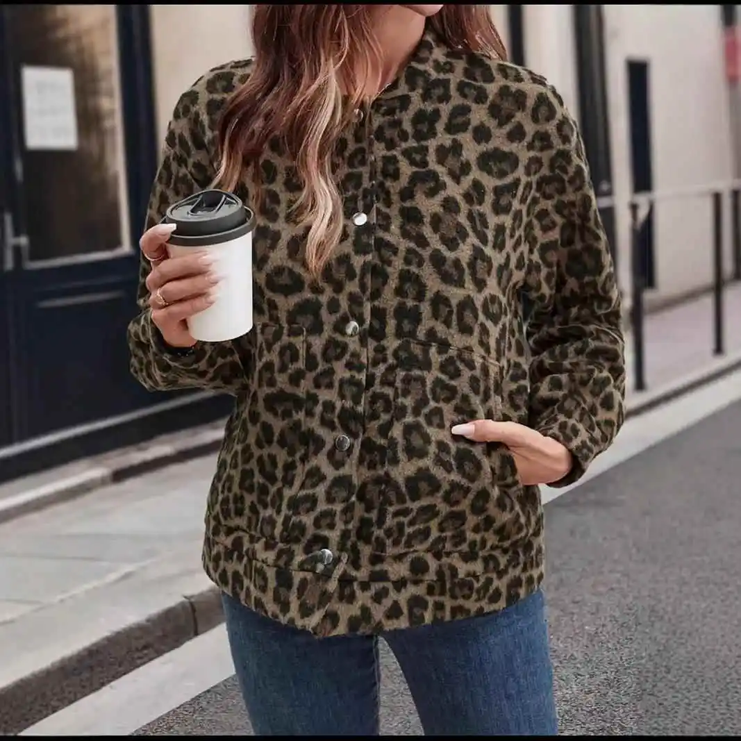 

2025 New Loose American Sle irt Jaet Women's Lazy Sle Leopard Print Retro Aosphere Top Polyester Fiber Spring Season