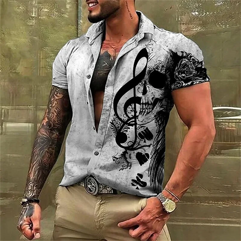 Nota musical crânio impressão 3d camisas de praia das mulheres dos homens moda casual vintage streetwear camisa de manga curta topos blusa homem roupas