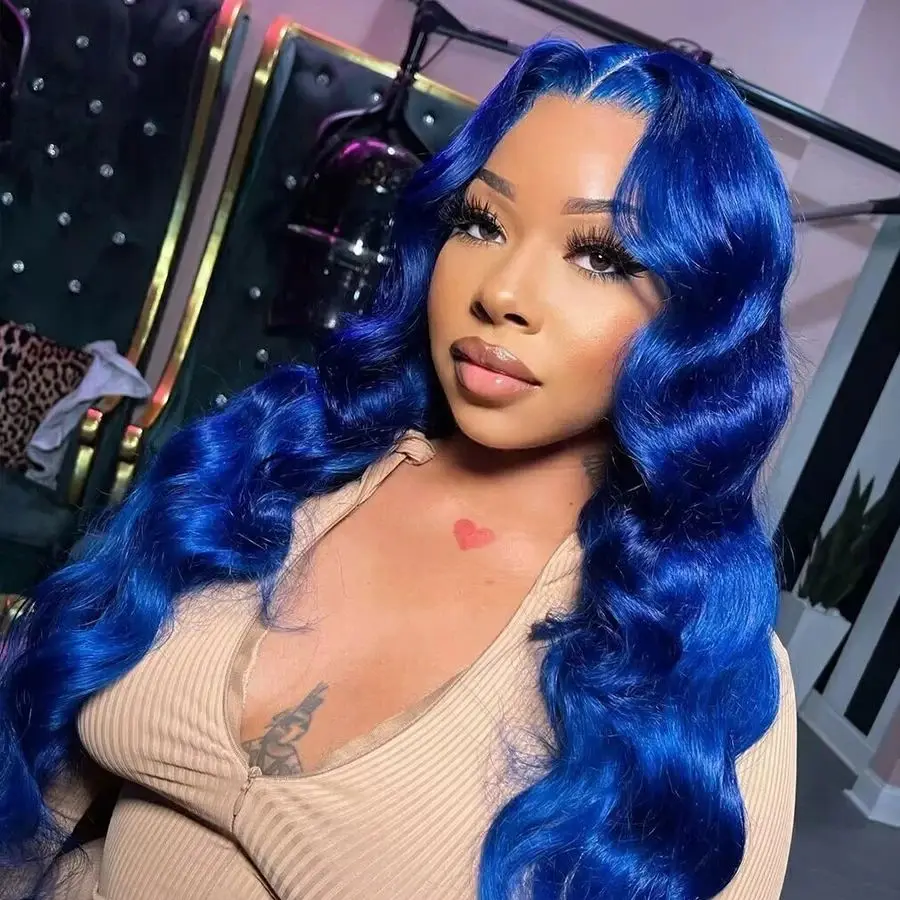 Peruca de Onda do Corpo Azul Escuro para Mulheres, 13x4 HD Lace Front Cabelo Humano, Céu Azul Brasileiro Ciano HD Lace Frontal Perucas, 100% Cabelo Humano