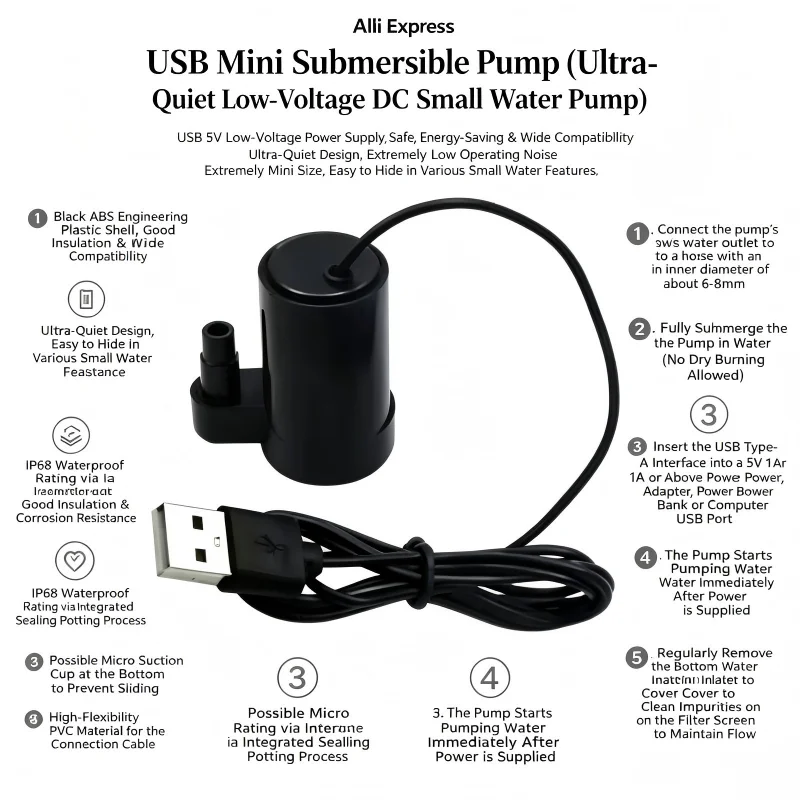 USB Mini Submersible Water Pump DC 3-5V Ultra Quiet Brushless Motor for Aquarium Fish Tank Pond Fountain Hydroponics Garden Wate