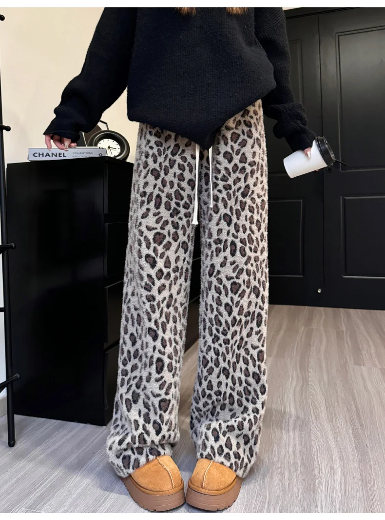 ヴィンテージヒョウ柄フリース裏地パンツ女性ソフトワイドレッグパンツ巾着カジュアル秋冬暖かいストレートレッグパンツ