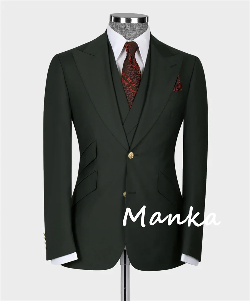 Darkest Green Men's Suits for Wedding Groom Wear Slim Fit 3PCS Blazer Vest Pants Formal Business Office Party Male Suit