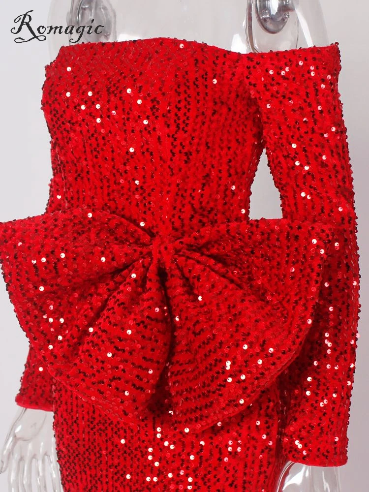 Rommagic Luxury Red Bow Off The Shoulder Cocktail Party Dress paillettes Long Full Sleeved Split Mermaid Evening Celebrity Prom Gown