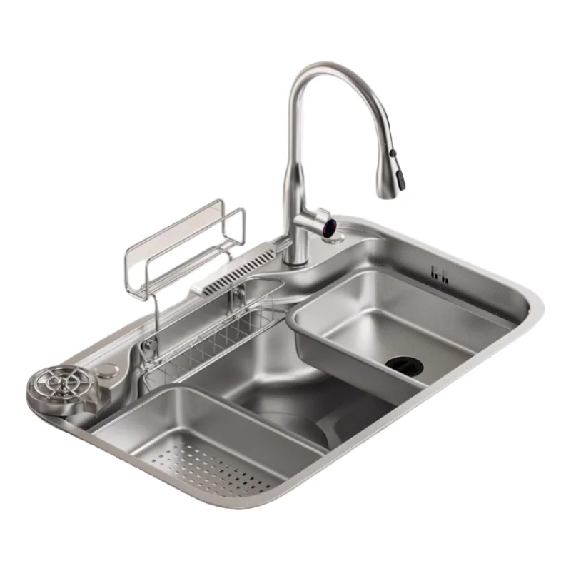Modern stainless steel single-slot kitchen sink, fully functional, with accessories, integrated luxury kitchen sink