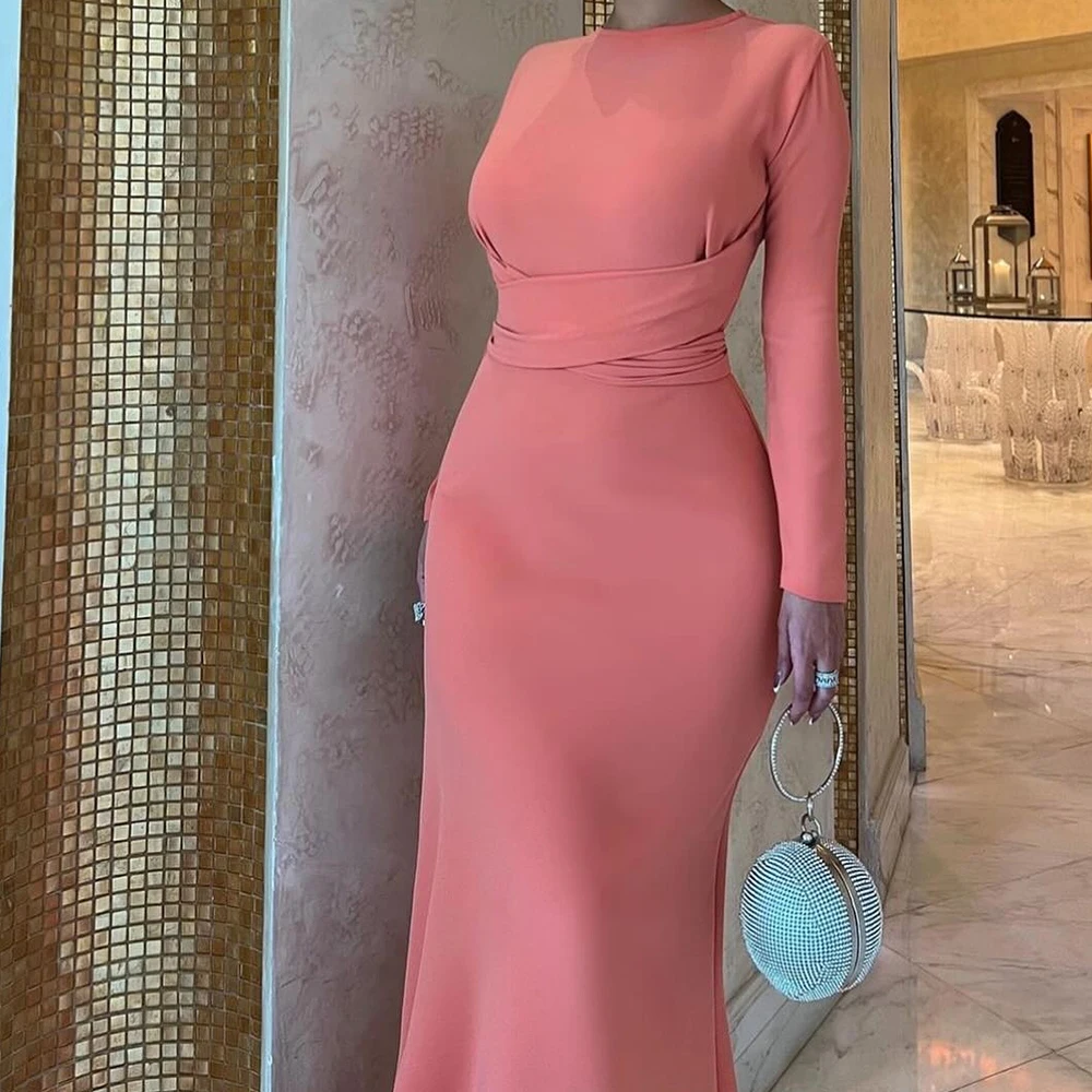 Нежное прямое вечернее платье из джерси по индивидуальному заказу с круглым вырезом и длинными рукавами со шлейфом на заказ, однотонные классические платья