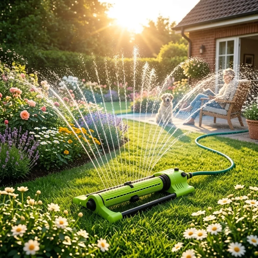 Green Oscillating Sprinkler Precision Nozzles Uniform Water Distribution Swivel Design Abs Aluminum Construction